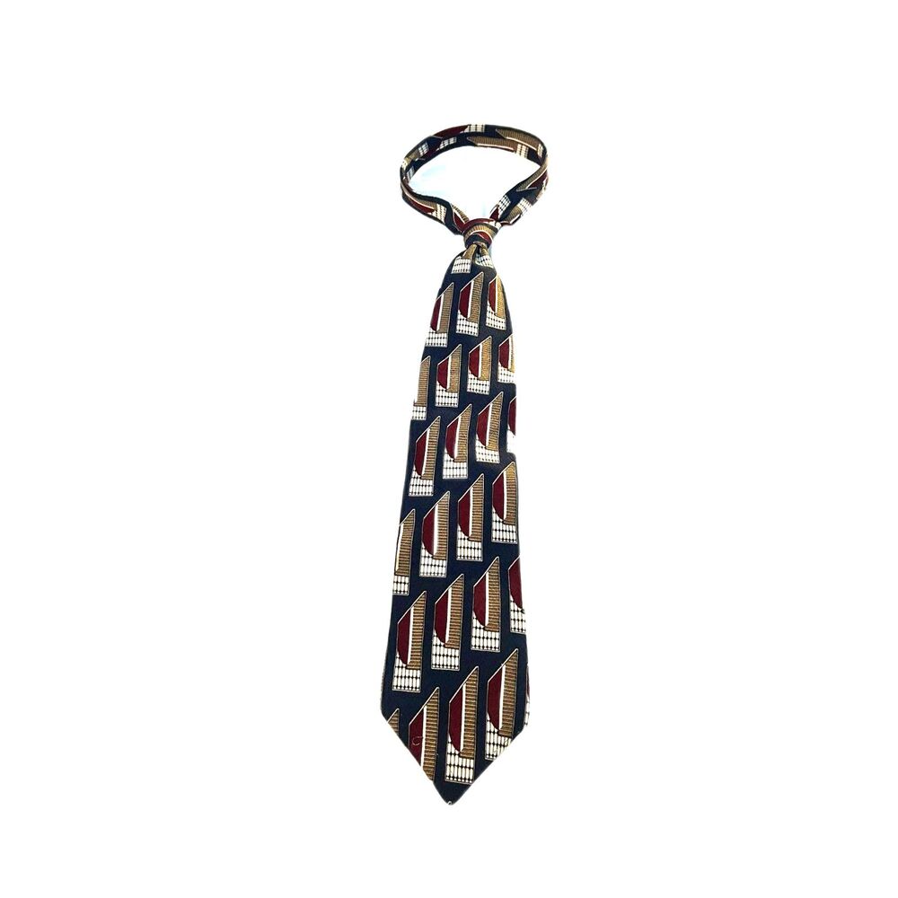 Robert Stock Geometric Pattern Navy Blue, Red, Tan Men's 100% Silk Tie